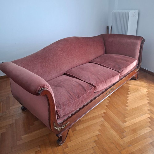 Handmade three-seater sofa used, velvet fabric burgundy-red