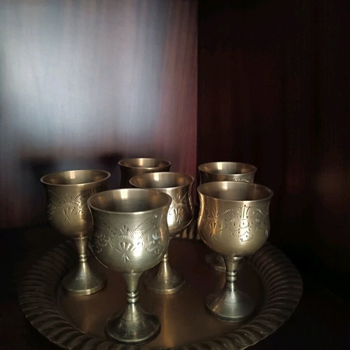 Set of six glasses with trays used, vintage items
