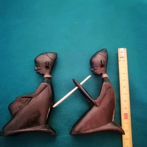 Ebony woodcarving set used, two African figures playing musical instruments