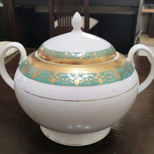 Merry Lane porcelain soup tureen with 24k gold and turquoise decoration