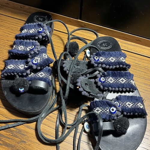 Handmade leather sandals with tassels and evil eyes, like new, size 36, blue