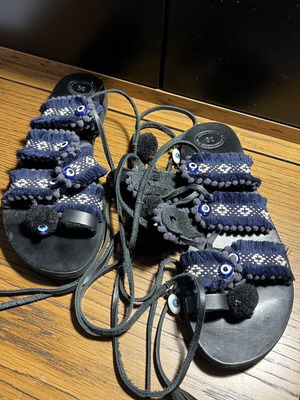 Handmade leather sandals with tassels and evil eyes, like new, size 36, blue
