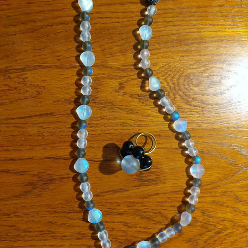 Handmade necklace and ring set like new with matte grayish-blue beads