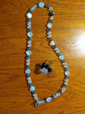 Handmade necklace and ring set like new with matte grayish-blue beads