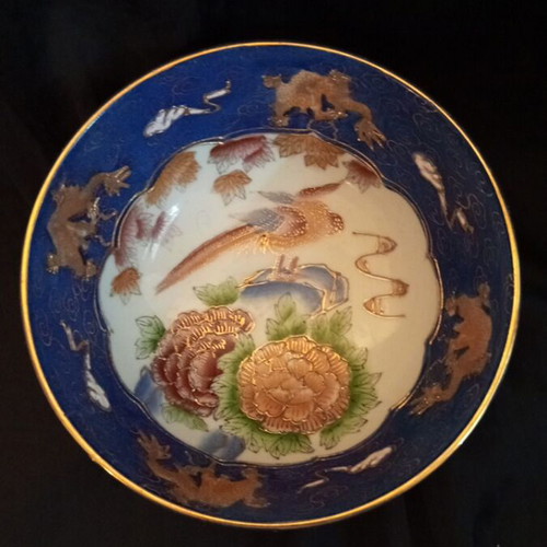 Vintage porcelain set Royal Satsuma vase and bowl cobalt and gold like new