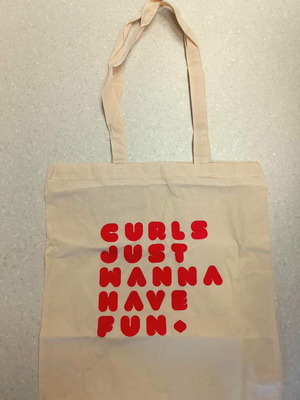 Cotton Shoulder Bag "Curls Just Wanna Have Fun" new, beige with pink print