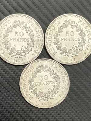 Three 50 Francs silver coins France 1974, 1974, 1976 90% silver