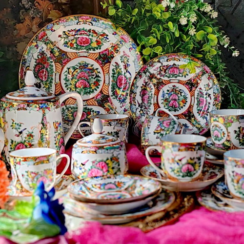 Vintage Chinese Rose Medallion porcelain tea set, handpainted