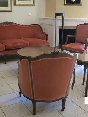 Handmade velvet living room set used, 3-seat sofa, 2 armchairs, 2 chairs, 2 round tables