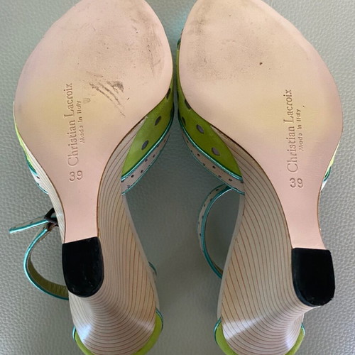 Christian Lacroix suede platform sandals like new, green with turquoise and gray details