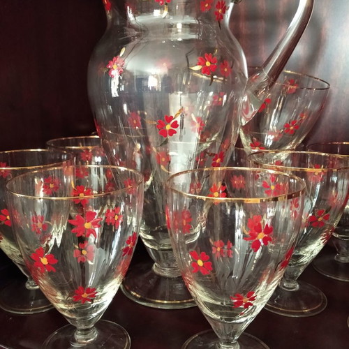 Antique set pitcher with twelve glasses for water or juice used