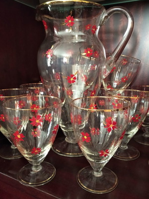 Antique set pitcher with twelve glasses for water or juice used
