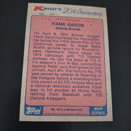 1982 Topps Hank Aaron Baseball Card like new