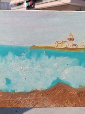 Handmade canvas painting seascape with lighthouse