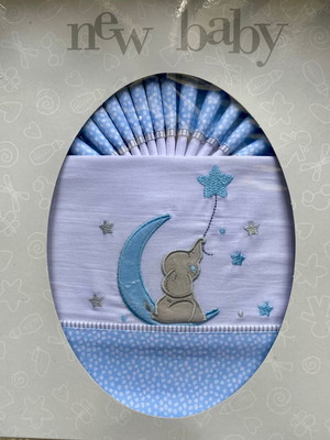 Baby crib sheets new with elephant design in blue and white