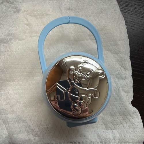 Pacifier Box new, plastic with silver, blue