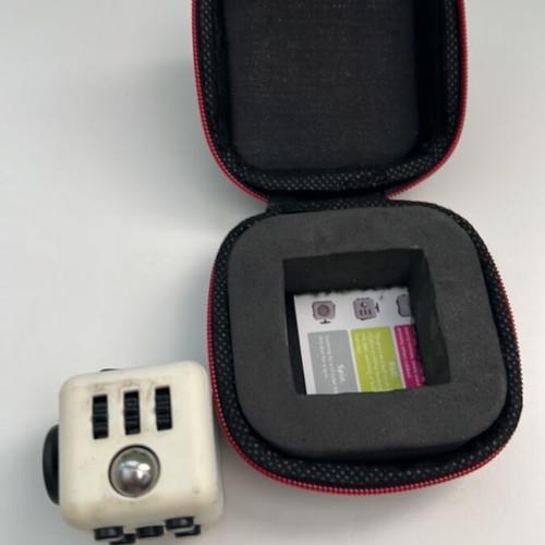 Fidget Cube used with protective carrying case, white and black