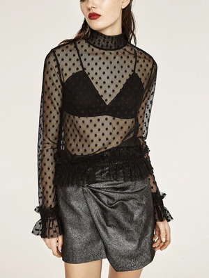 Zara women's polka dot elastic long-sleeve blouse medium black with ruffles like new