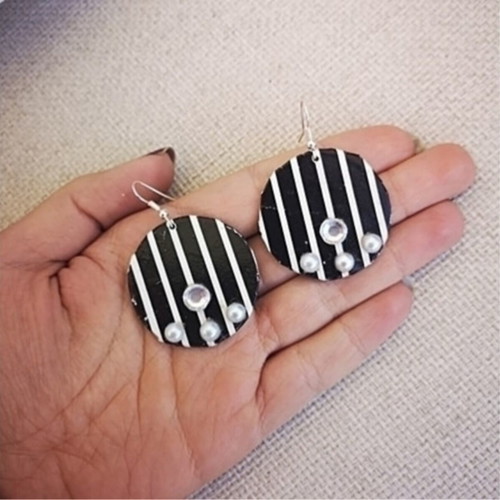 Earrings handmade black and white stripes with strass and pearls
