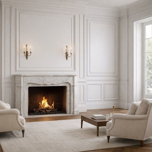Pompadour marble fireplace mantel used, white Carrara