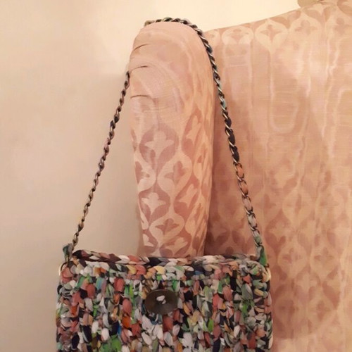 Handmade knitted shoulder bag green with bronze details