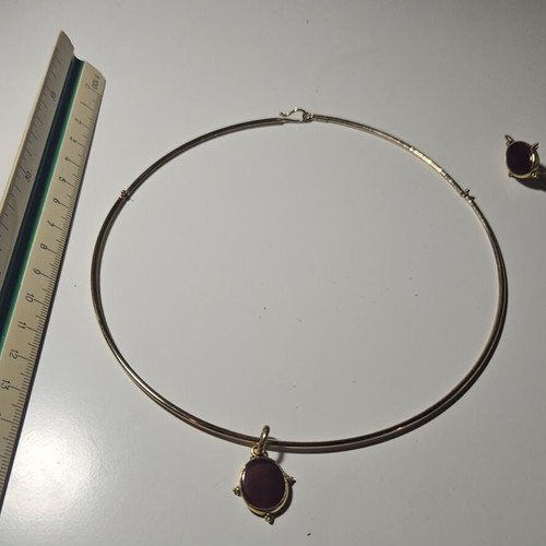 Gold torque necklace 14K and earrings 14K with semi-precious stones, like new