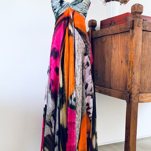 Maxi Dress Veloudakis new, 100% silk, size S-M, multicolor