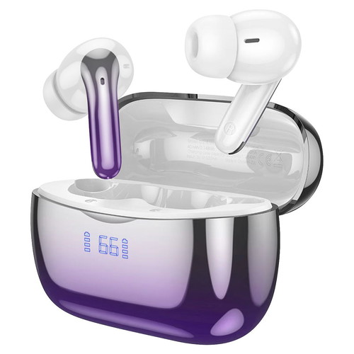 Bluetooth 5.3 Hoco earbuds with ANC+ENC, charging case and purple battery LED display