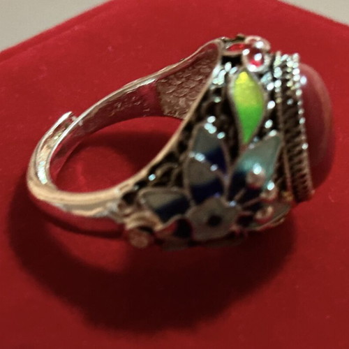 Vintage Tibetan style 925 sterling silver enamel ring with red coral paste cabochon, like new