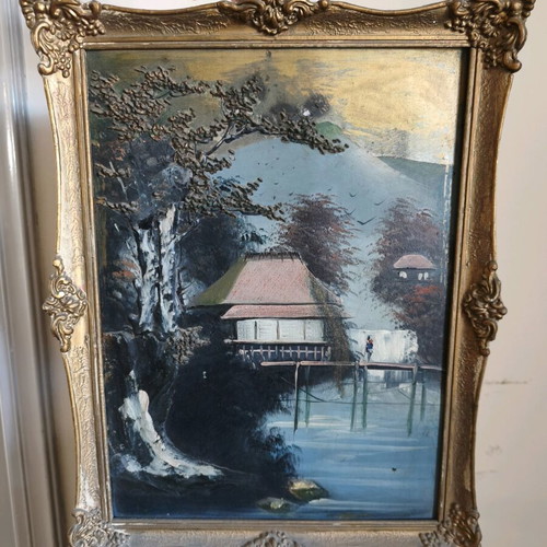 Vintage oil painting of Asian landscape like new with embossed details and gold carved frame
