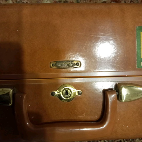 Samsonite vintage suitcase used, tan hard shell, 1950s