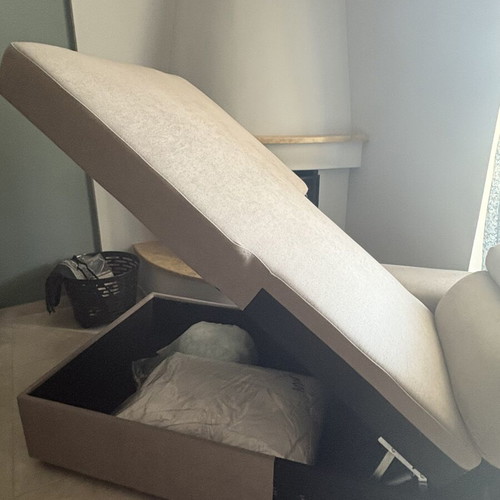 Recliner sofa Praktiker with storage and headrest mechanism, beige-gray