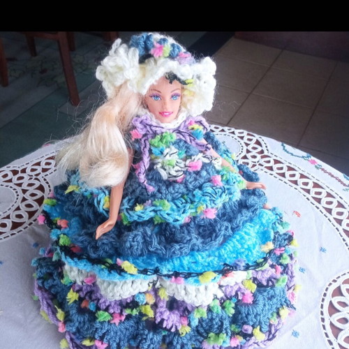 Handmade knitted dress and hat set for doll, bathroom decor