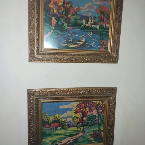 Vintage embroidered paintings, set of two with carved frame