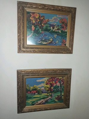 Vintage embroidered paintings, set of two with carved frame