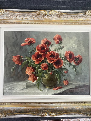 E. Kruger painting flowers in vase with carved frame like new