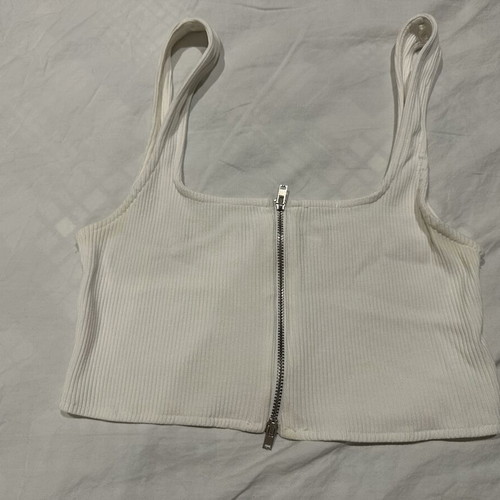Zara white rib crop top with double zipper, size M