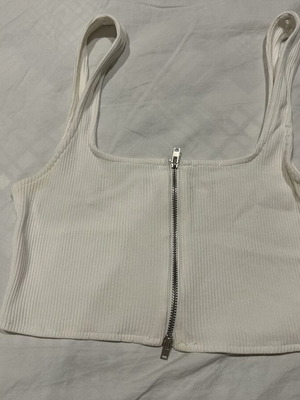 Zara white rib crop top with double zipper, size M