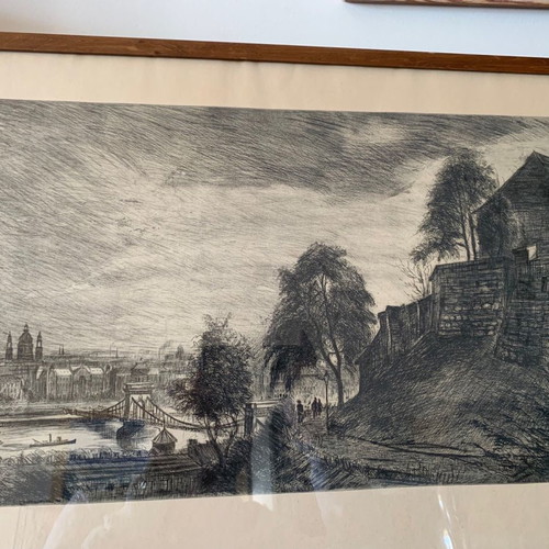 Collectible Budapest Chain Bridge lithograph used with wooden frame
