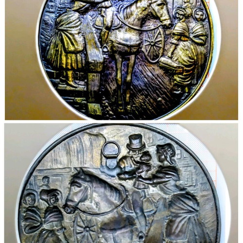 Vintage round brass plate used with embossed scene