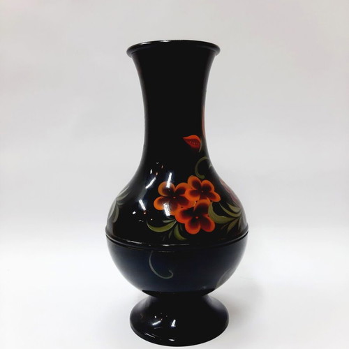 Vintage Korean Black Enamel Vase Steel Inlaid Flowers 23 cm