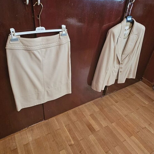 Escada leather suit with blouse, beige, size L