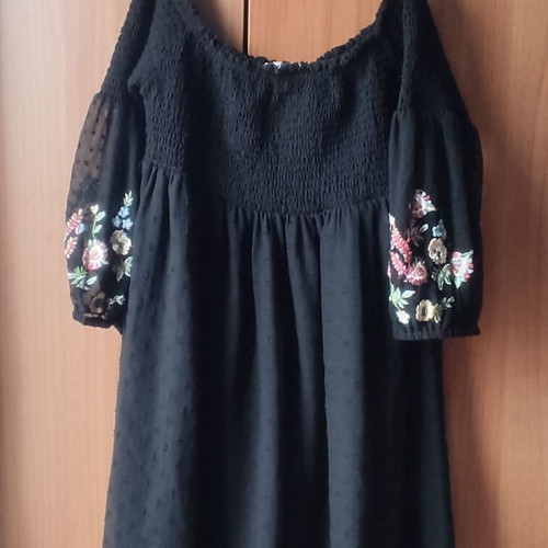 ZARA Black Dress with Balloon Transparent Sleeves and Embroidery Like New, Size M