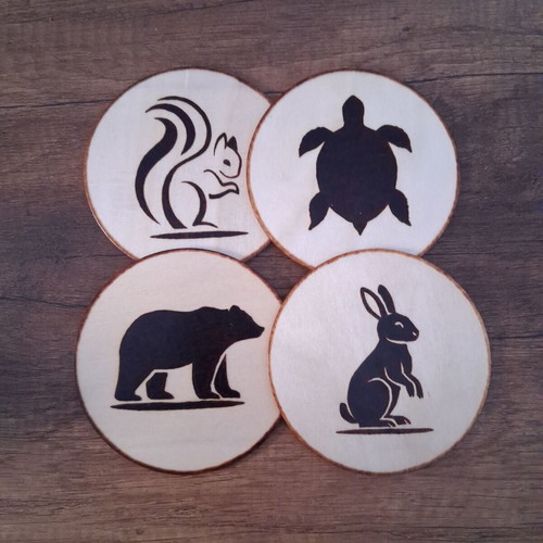 Set of 4 handmade coasters with pyrography, forest animals, new