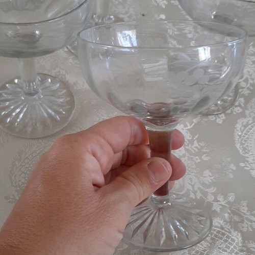 Vintage champagne glasses used, set of 6 with carved designs