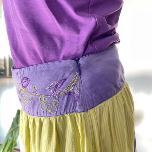 Boho embroidered tiered maxi skirt, purple and yellow
