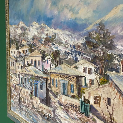 Relief oil painting by N. Papadopoulos in frame, like new, snowy landscape