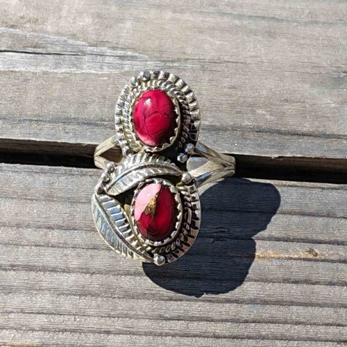 Silver ring with Red Rose Dahlia composite stone, new