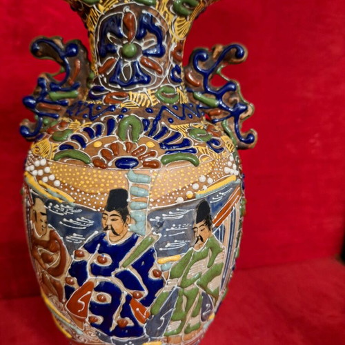 Satsuma vases used, set of 2, Japan, antique with minor rim damage
