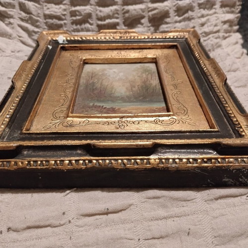 Oil painting by G. Skourlis used, miniature landscape in ornate vintage frame